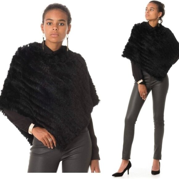 BCBGMaxazria black rabbit fur knit shawl cape poncho NWOT New without tag - Picture 1 of 14
